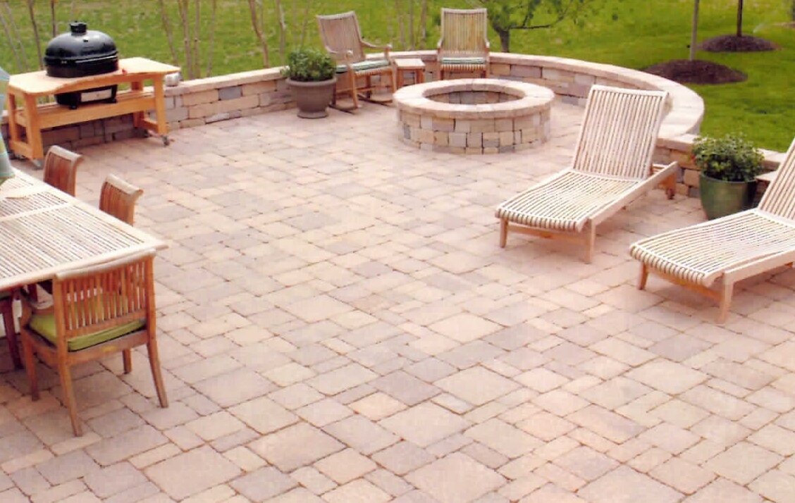 Patio, sitting wall, and firepit