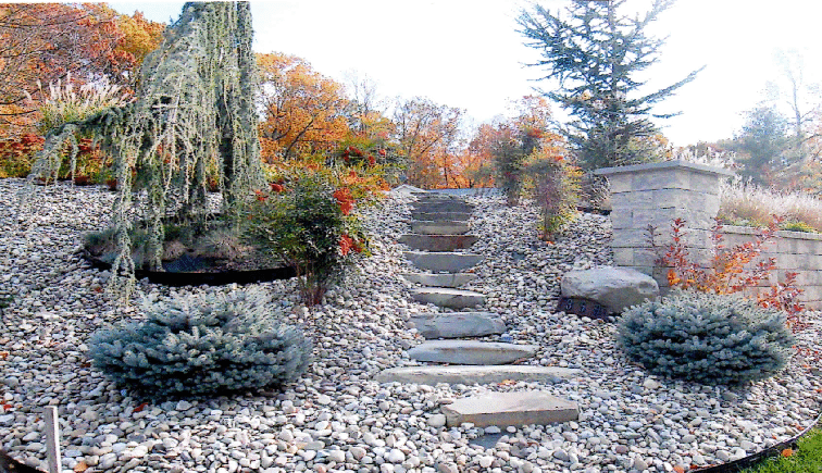 Landscaped boulder steps and wall